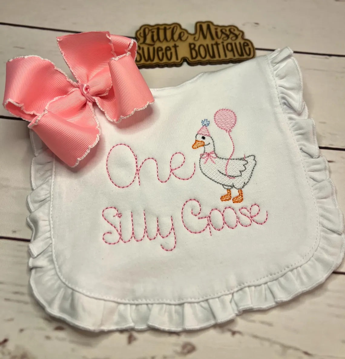 Ruffle Cotton Baby Bib Embroidered One Silly Goose 1st Birthday Bib