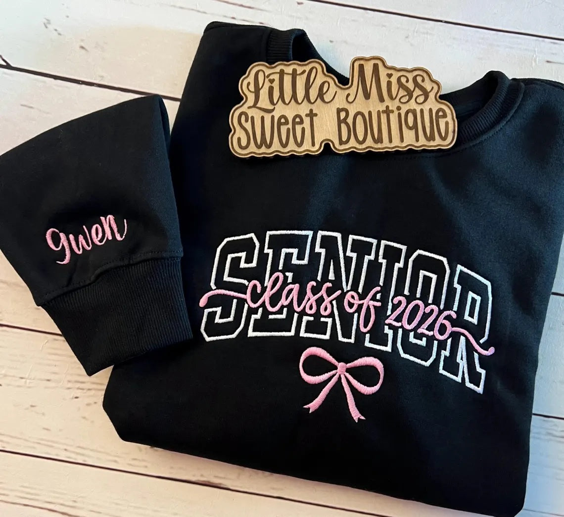 Embroidered Senior Bow Crewneck Graduation Personalized Sleeve Sweater Grad 2026